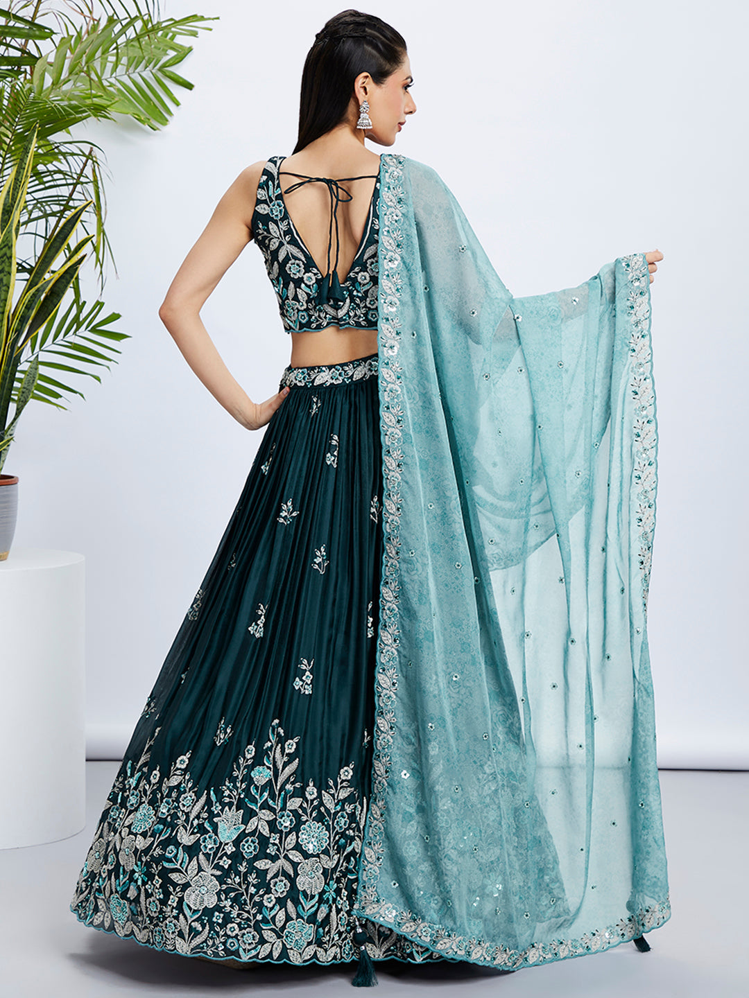 Women Teal Pure Georgette Sequins and thread embroidery Lehenga choli & Dupatta