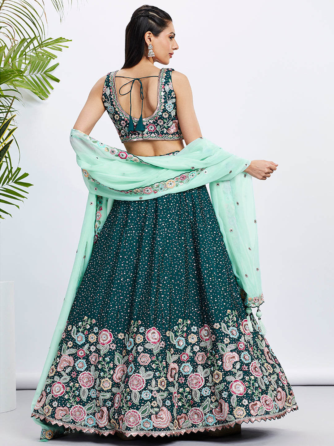 Women Green Pure Chiffon Sequins and thread embroidery Lehenga choli & Dupatta