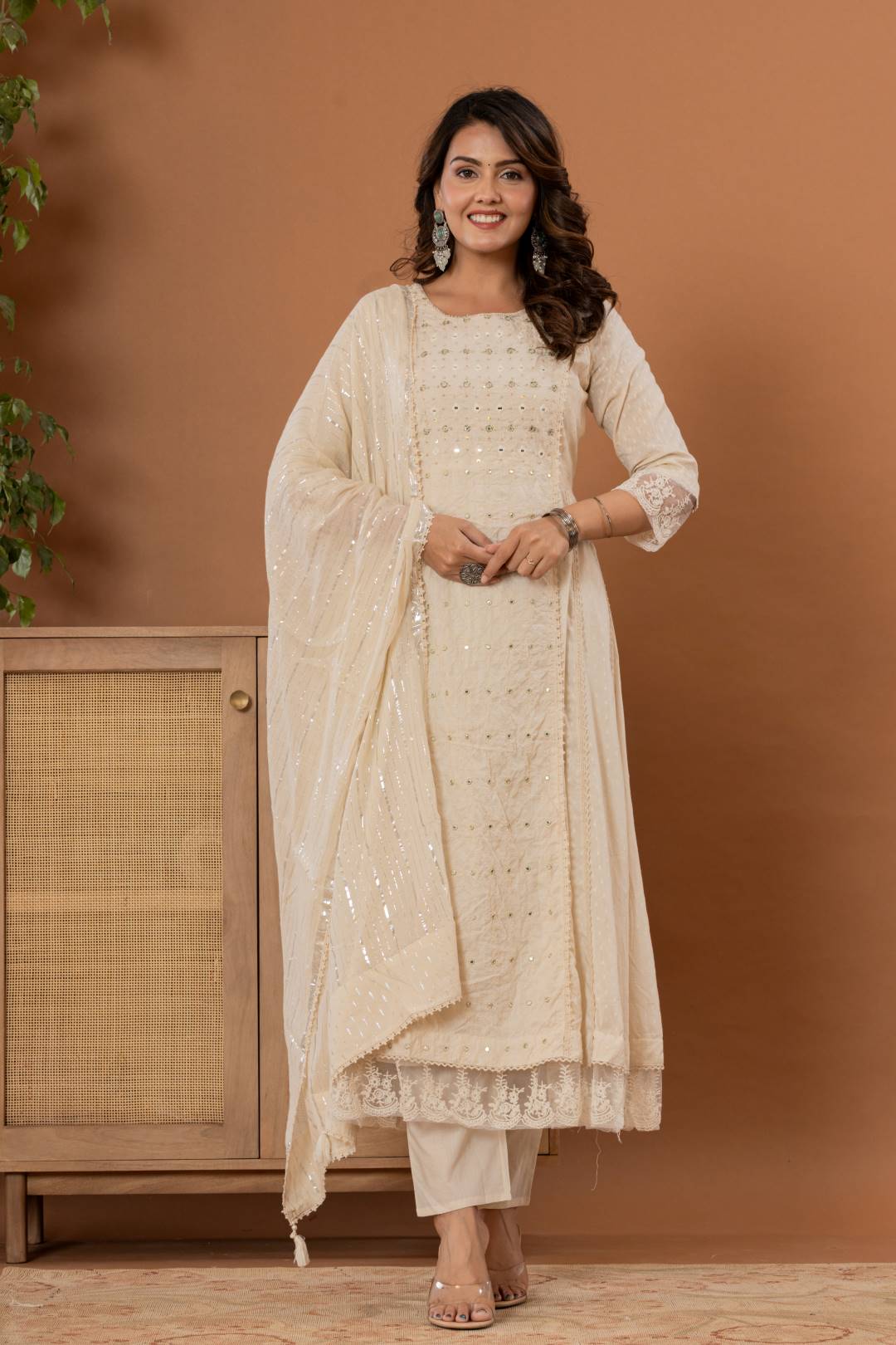 Dhiyona VR Women's Off-White Mirror And Thread Work, Scallop Lace Anarkali Kurta Paired Wirh Embroidered Bottom And Dupatta