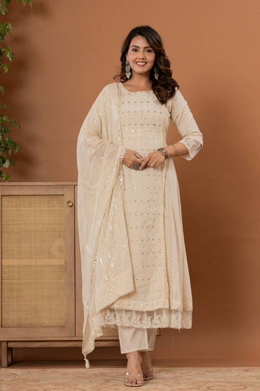 Dhiyona VR Women's Off-White Mirror And Thread Work, Scallop Lace Anarkali Kurta Paired Wirh Embroidered Bottom And Dupatta