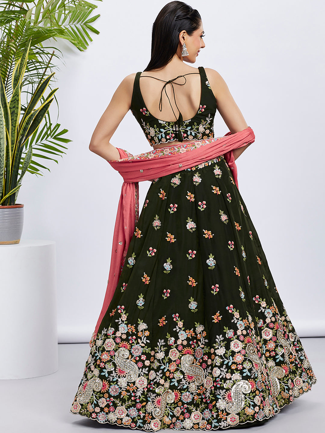 Women Olive Organza Sequins and thread embroidery Lehenga choli & Dupatta
