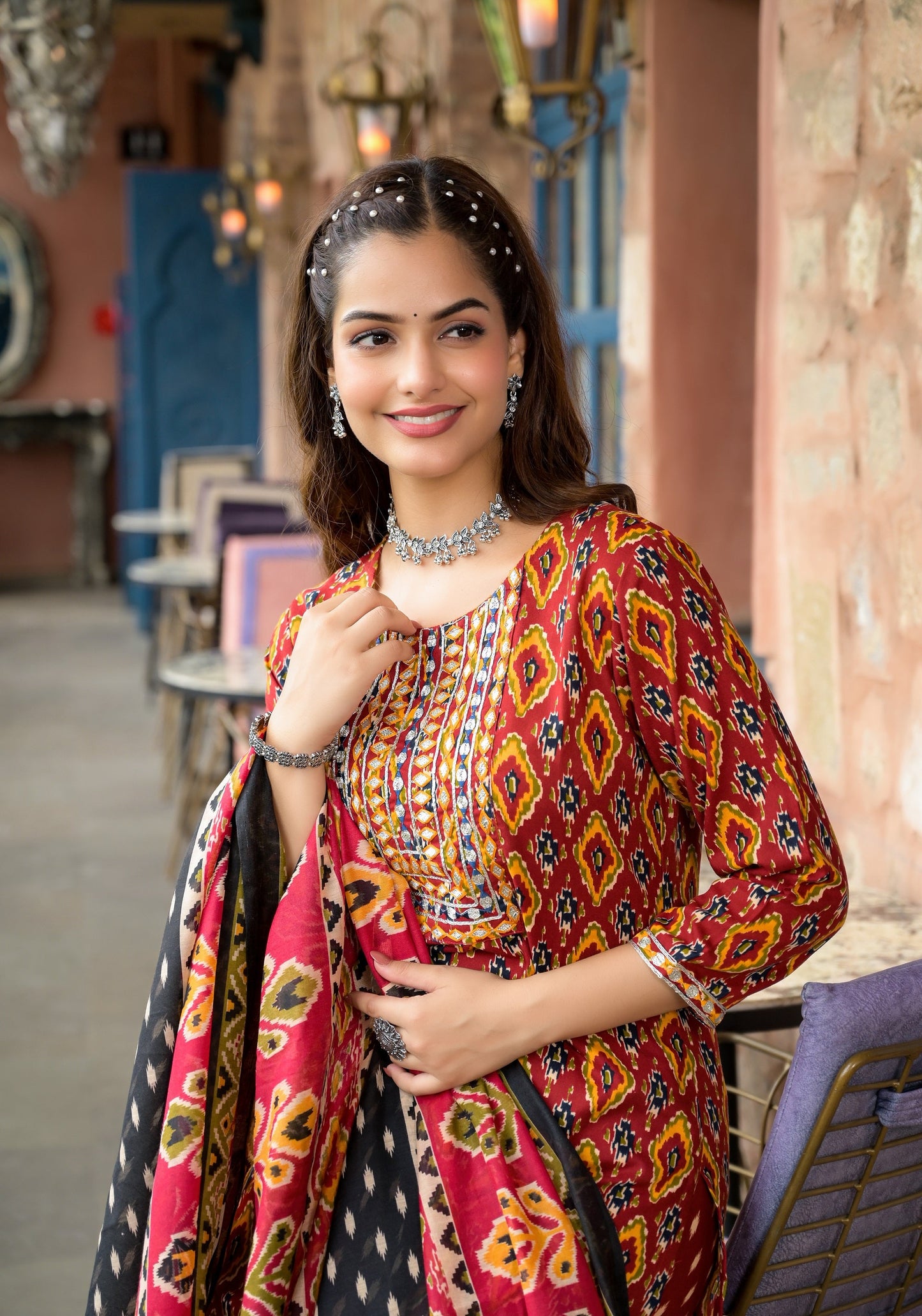 Women Red Embroidery Viscose Rayon Kurta, Pant And Dupatta Set