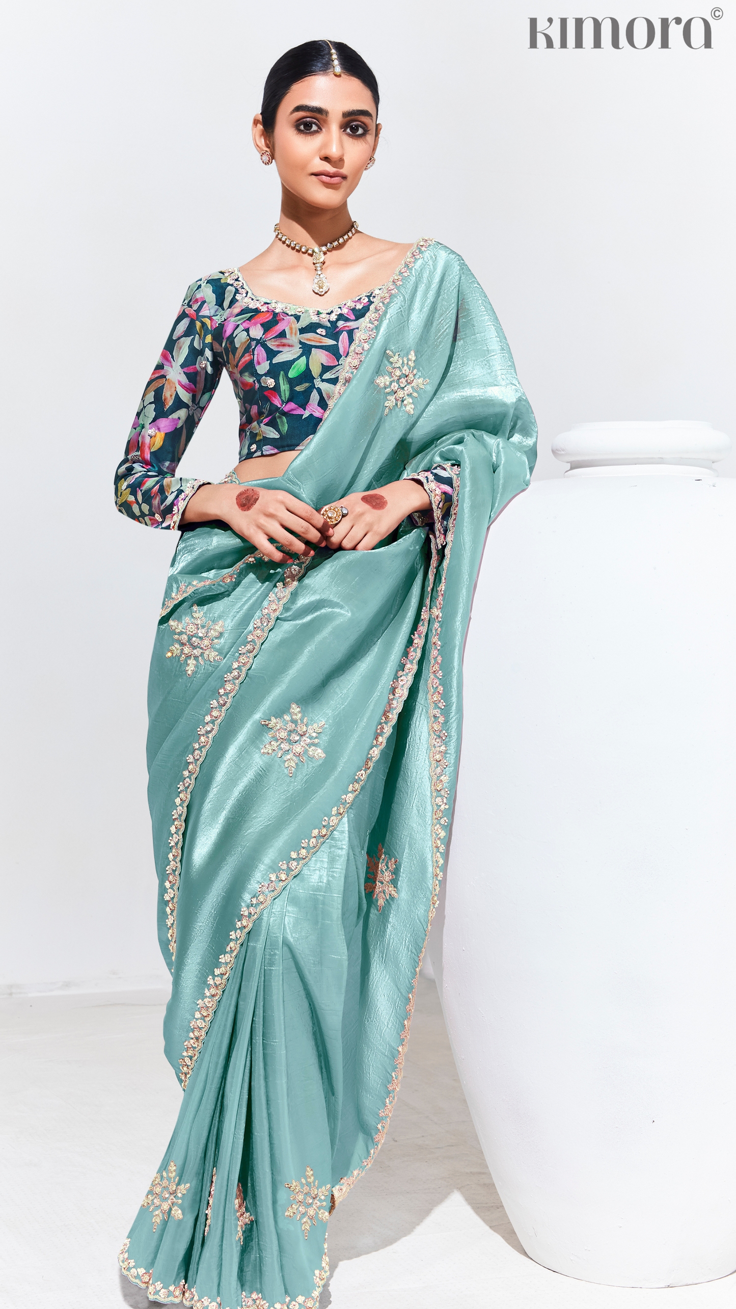 Dhiyona KM Women Aqua Blue Tissue Glass Silk Saree