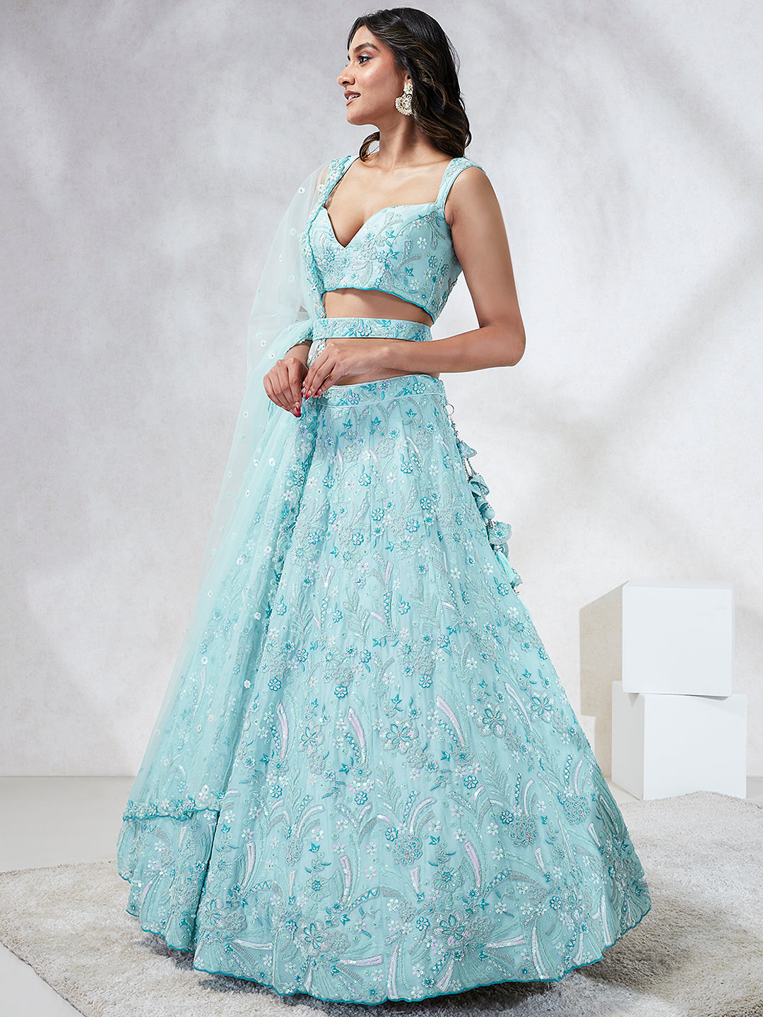 Women Turquoise Blue Georgette Sequins and thread embroidery Lehenga choli & Dupatta