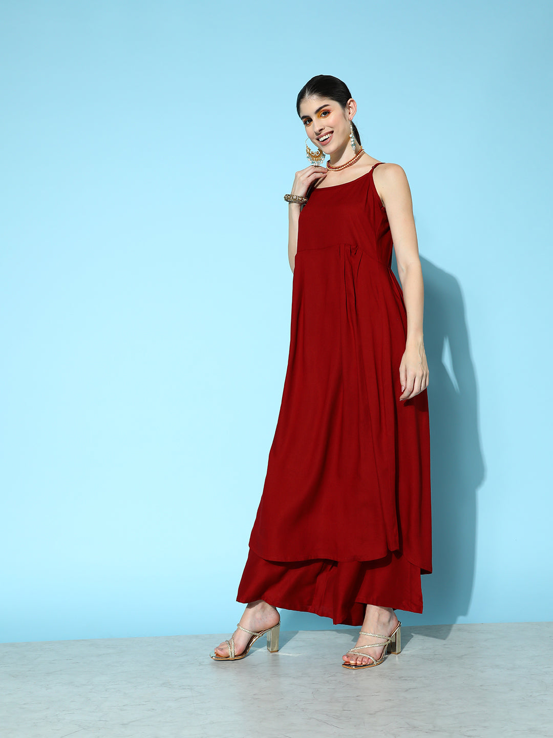 Dhiyona VR Women's Maroon Strap Style A Line Kurta Paired With Tonal Bottom And Contrast Floral Printed Dupatta With Four Sided Fringes