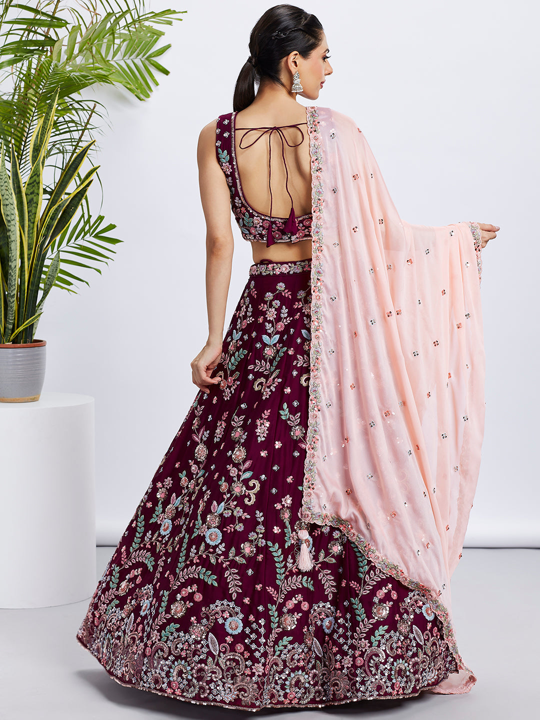 Women Burgundy Pure Georgette Sequins and thread embroidery Lehenga choli & Dupatta