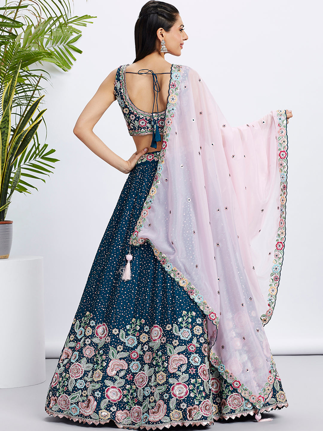 Women Navy blue Pure Chiffon Sequins and thread embroidery Lehenga choli & Dupatta