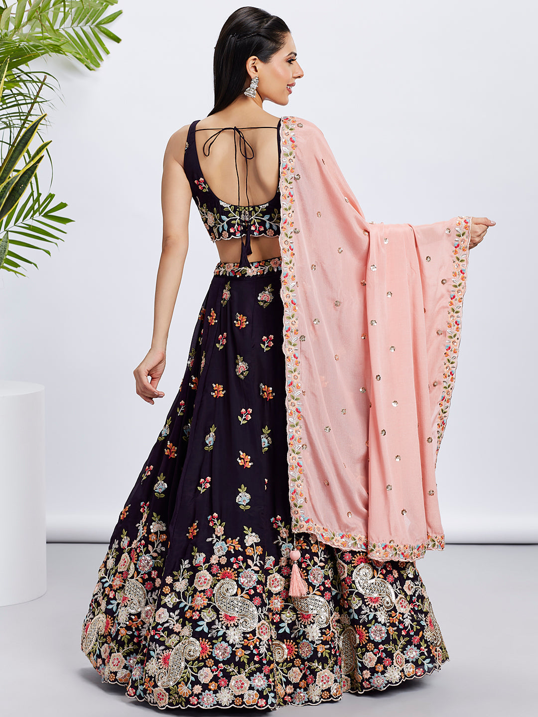Women Magenta Organza Sequins and thread embroidery Lehenga choli & Dupatta