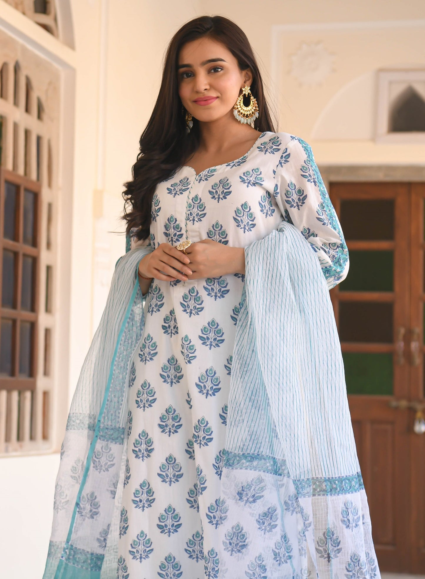 Women Blue Printed Viscose Rayon Kurta, Pant And Dupatta Set