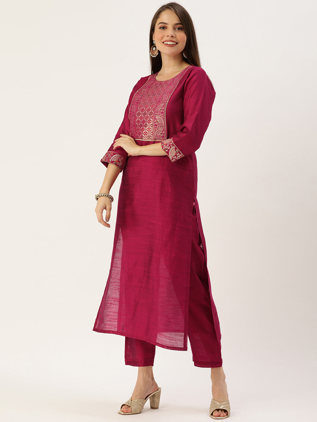 Dhiyona VR Women's Magenta Silk Kurta With Woven Yoke And Fully Elasticated Trouser
