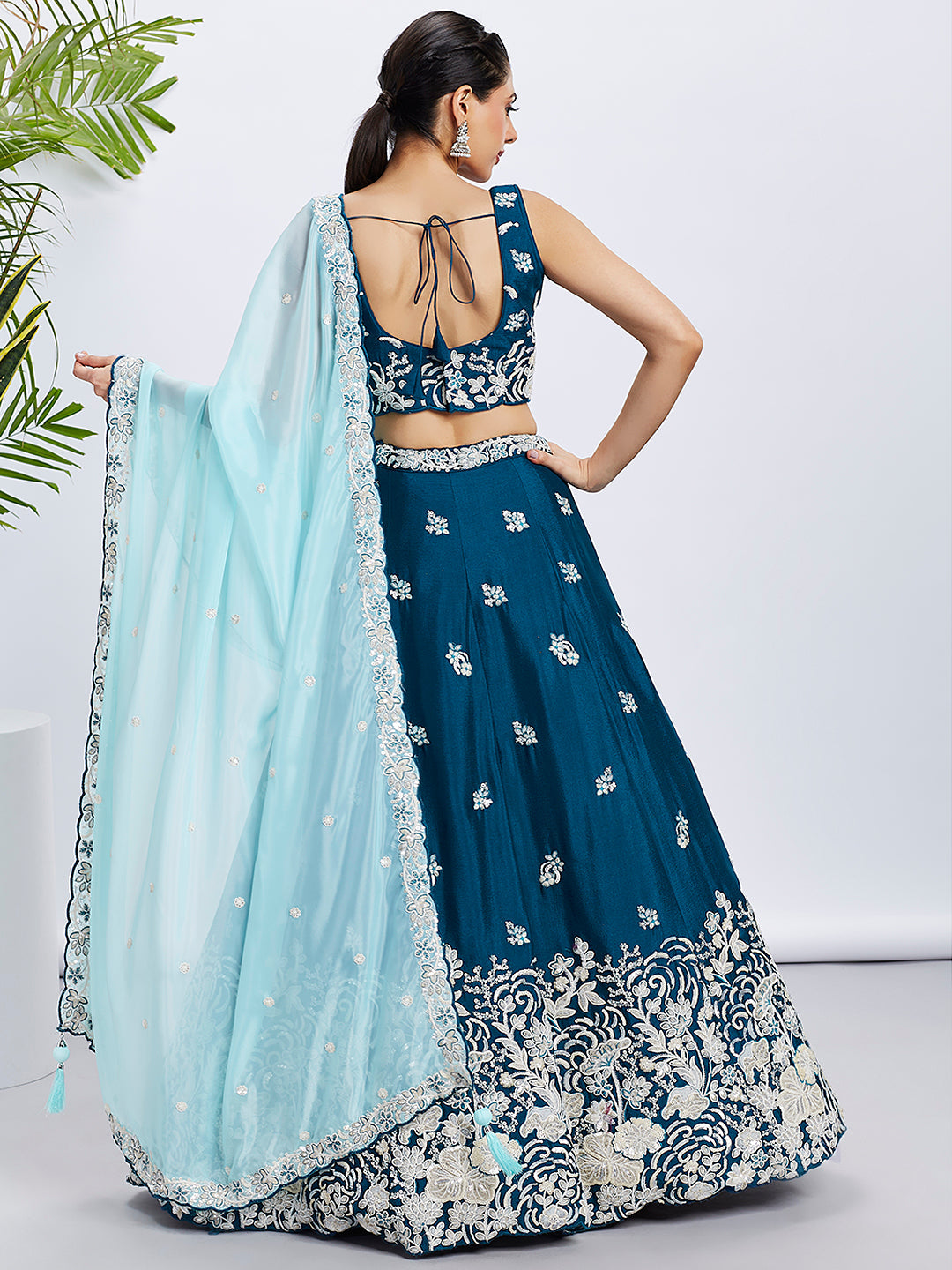 Women Teal Pure Georgette Sequins and thread embroidery Lehenga choli & Dupatta