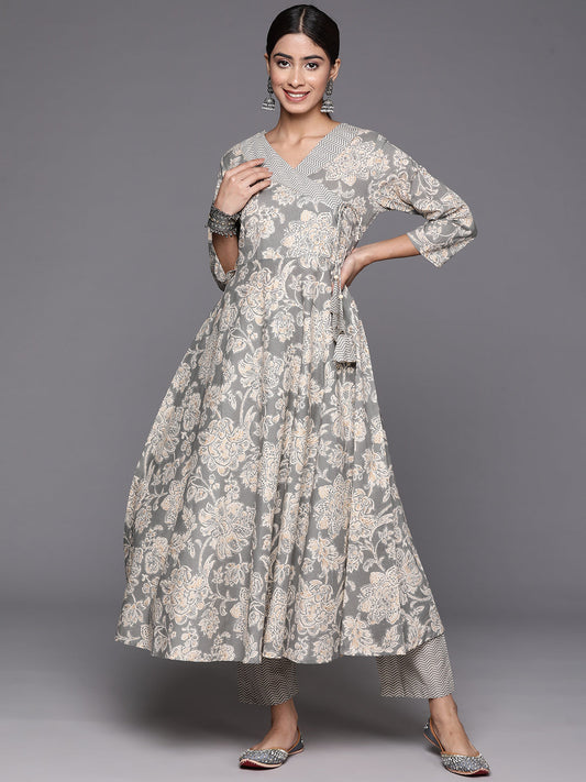 Dhiyona VR Women's Grey Floral Printed Angrakha Style Anarkali Kurta Paired With Printed Bottom
