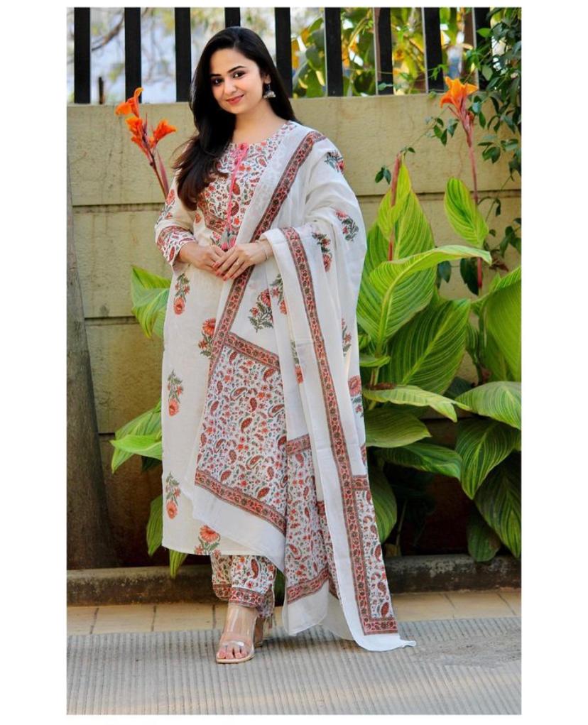 Women White Printed Viscose Rayon Kurta, Pant And Dupatta Set