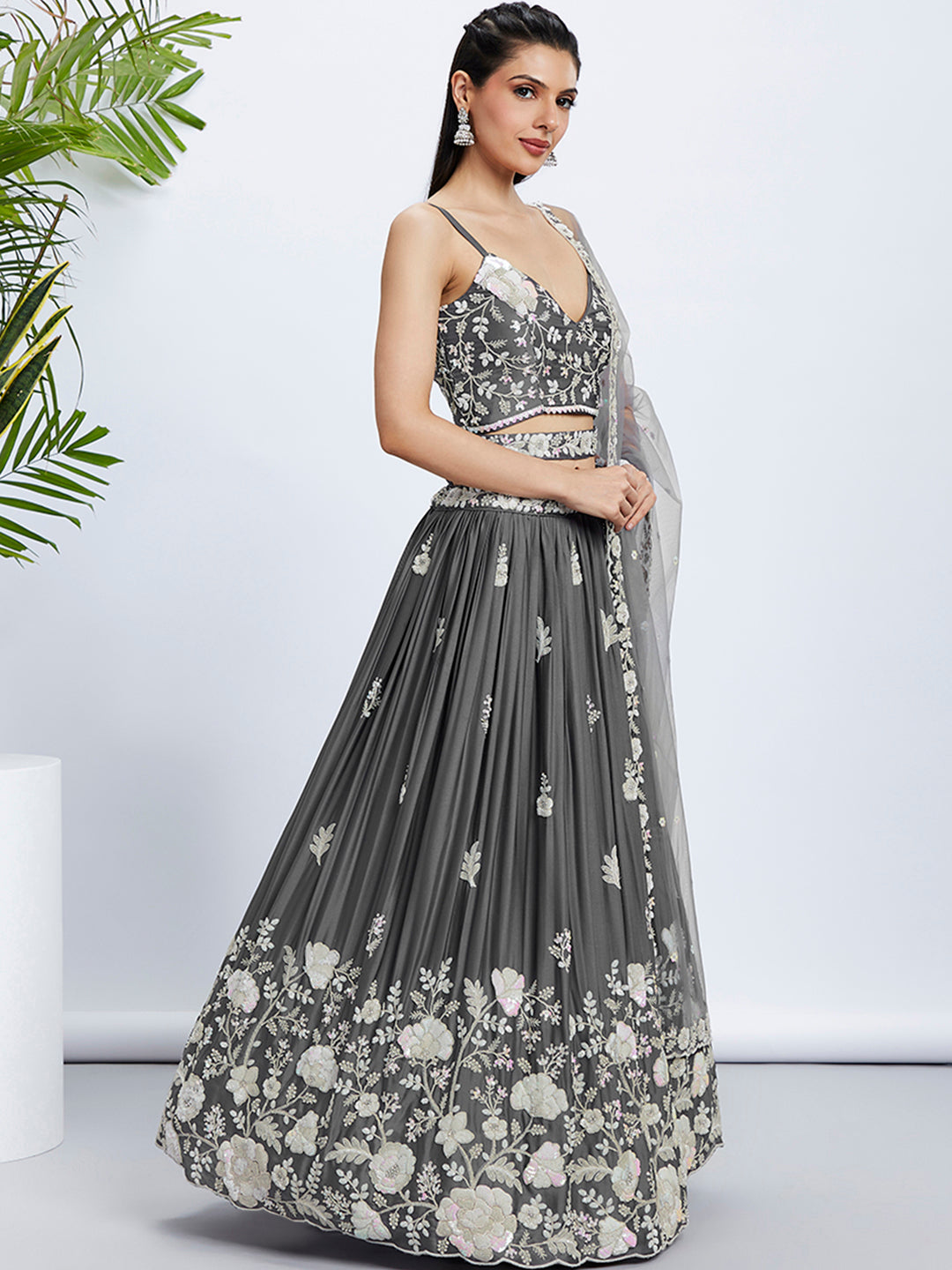 Women Grey Pure Georgette Sequins and thread embroidery Lehenga choli & Dupatta