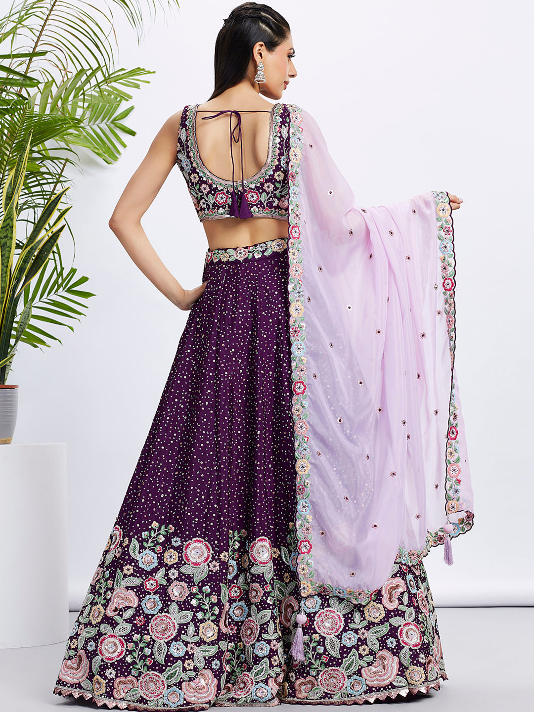 Women Purple Pure Chiffon Sequins and thread embroidery Lehenga choli & Dupatta
