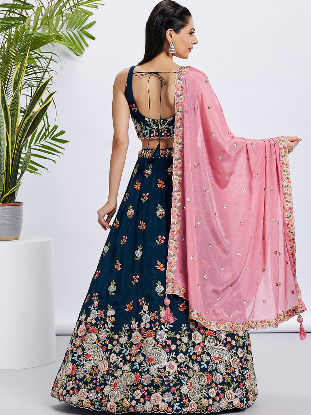 Women Navy blue Organza Sequins and thread embroidery Lehenga choli & Dupatta