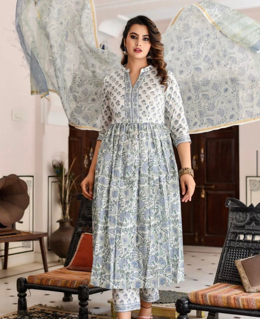 Women White Printed Pure Cotton Kurta, Pant And Dupatta Set