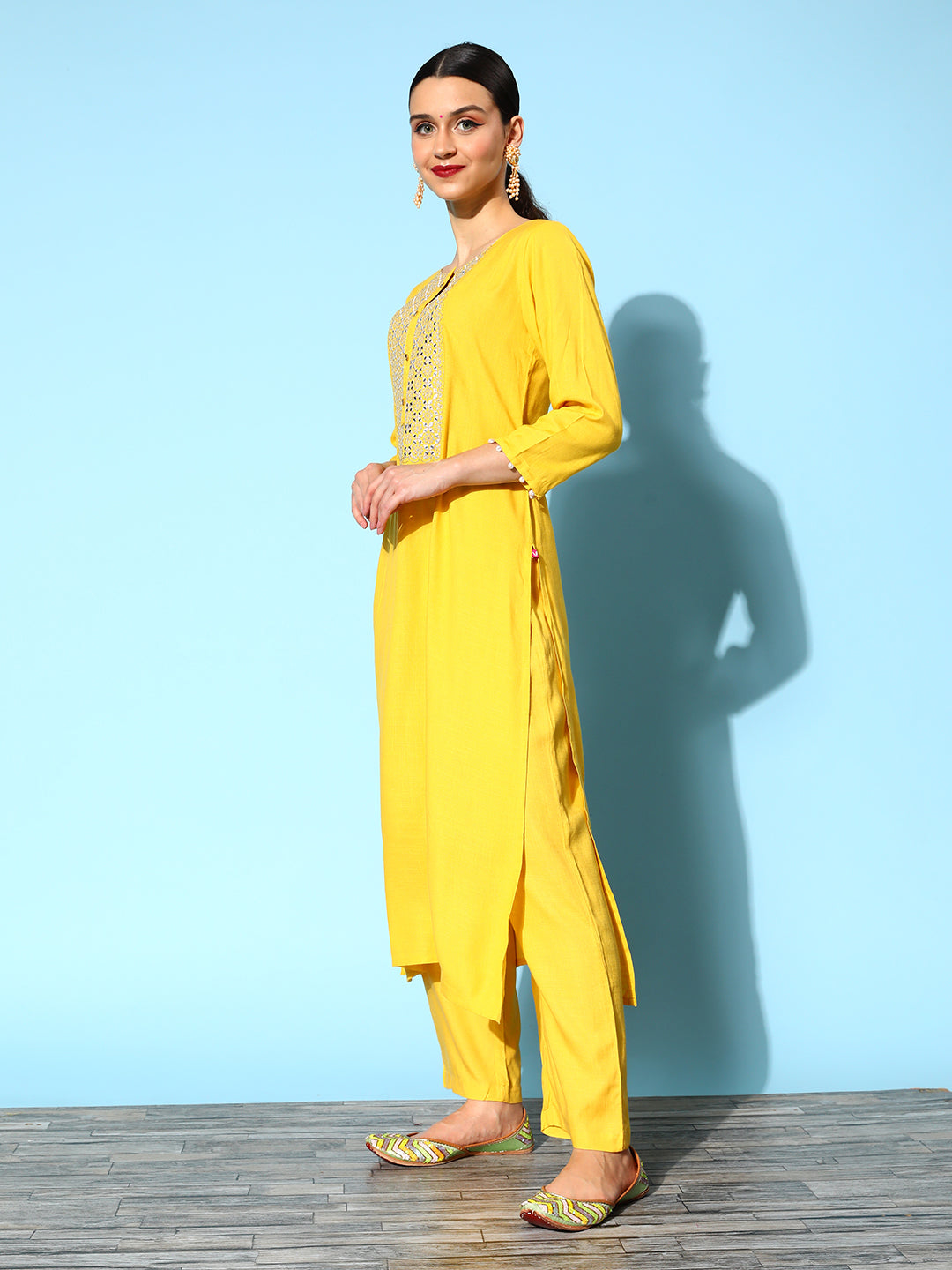 Dhiyona VR Women's Yellow Embroidered Kurta With Trouser And Embroidered Dupatta