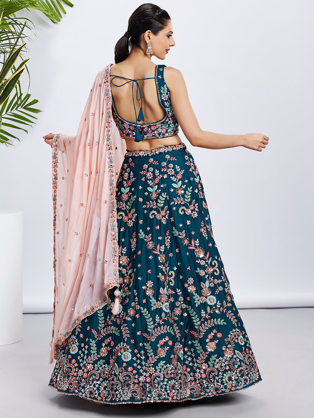 Women Teal Pure Georgette Sequins and thread embroidery Lehenga choli & Dupatta