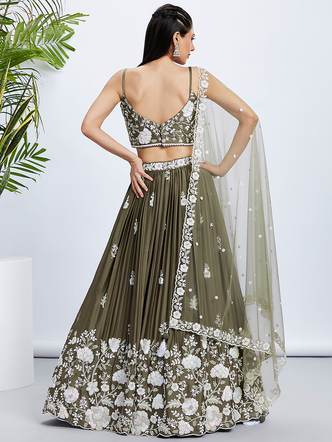 Women Olive Pure Georgette Sequins and thread embroidery Lehenga choli & Dupatta