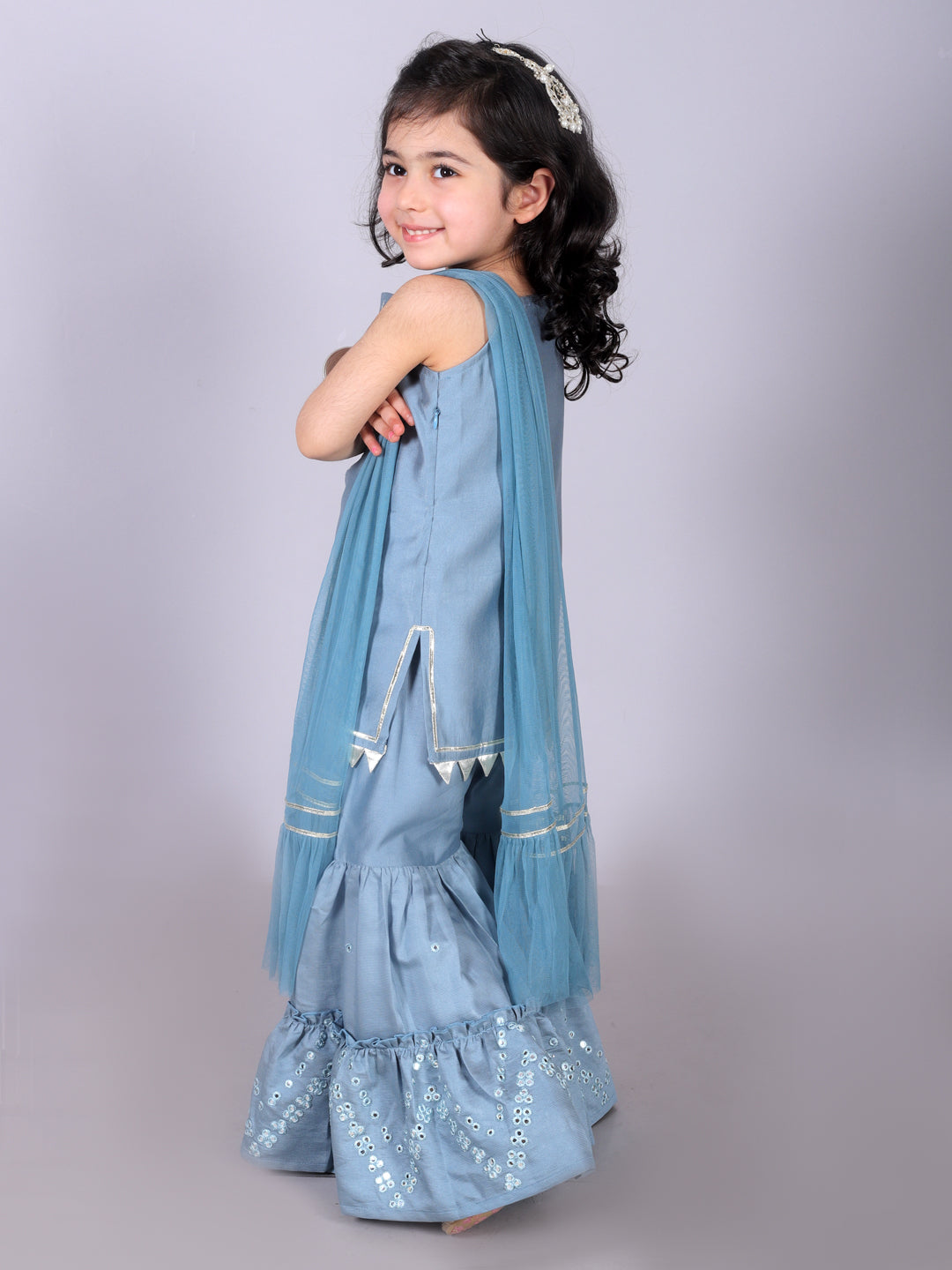 Zarqa Girls Blue Kurta with Sharara and dupatta set
