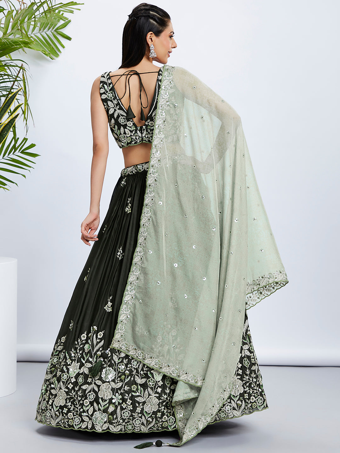 Women Olive Pure Georgette Sequins and thread embroidery Lehenga choli & Dupatta