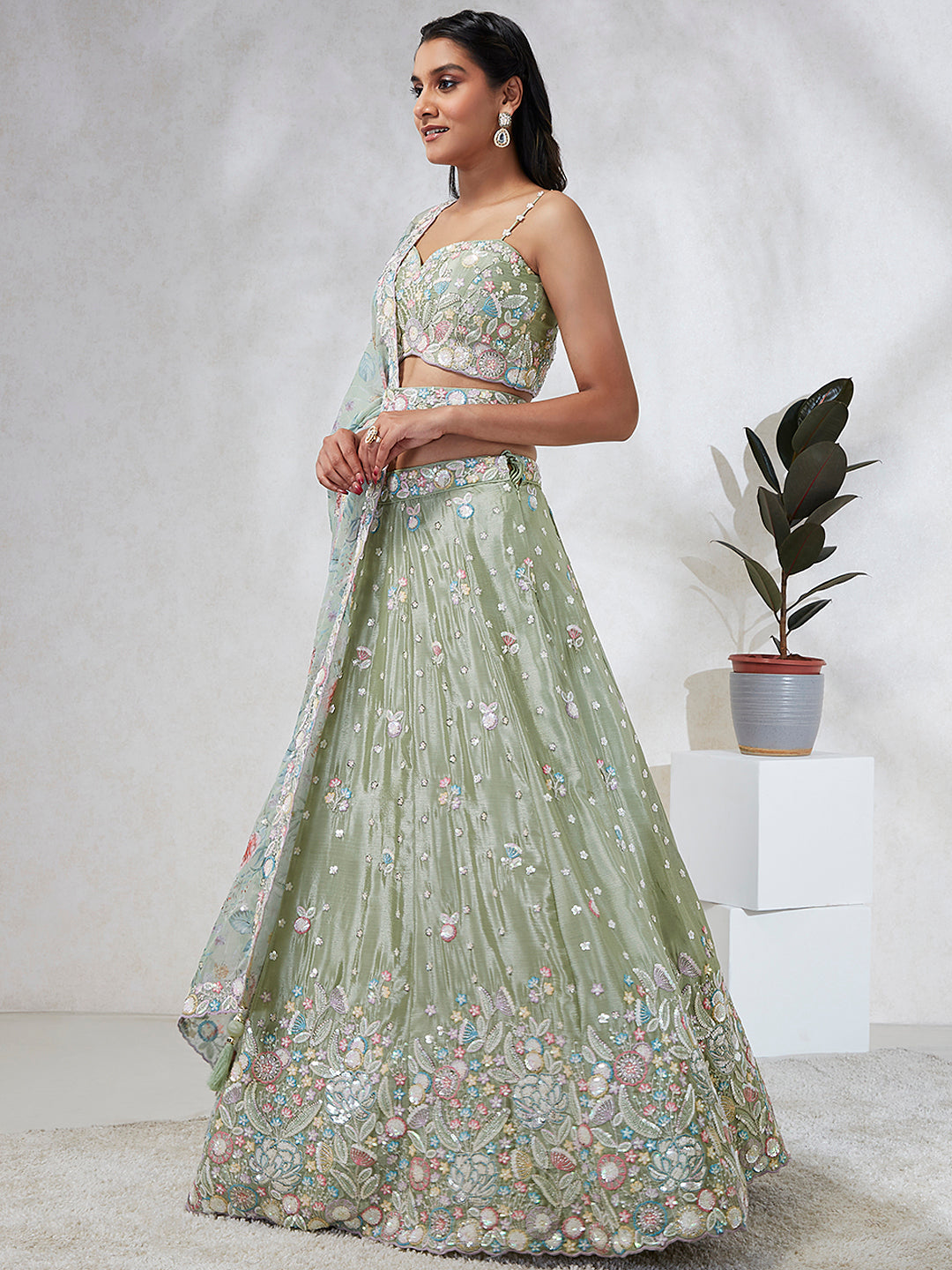 Women Lime green Chiffon Sequins and thread embroidery Lehenga choli & Dupatta