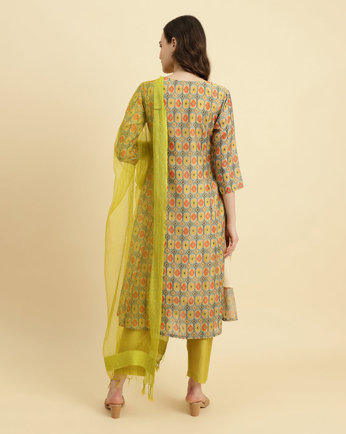Dhiyona VR Women's Ikat Printed A-Line Mirror Embroidered Kurta Paired With Straight Trouser And Dupatta