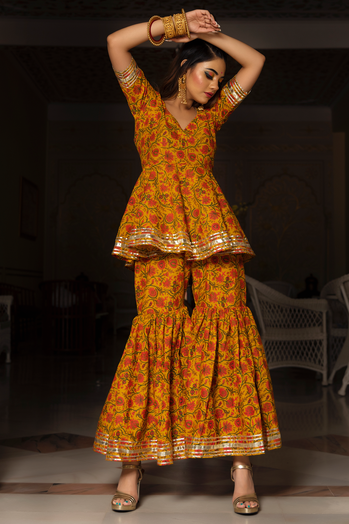 Darpan Mustard Yellow Hand Block Cotton Sharara Set