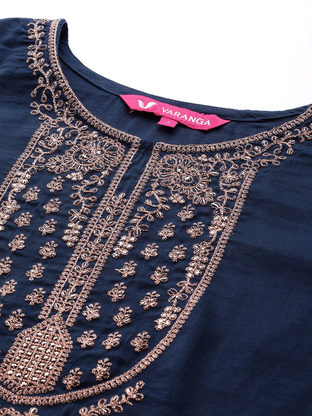 Dhiyona VA Women's Navy Blue & Golden Ethnic Motifs Embroidered Kurta with Trousers & Dupatta