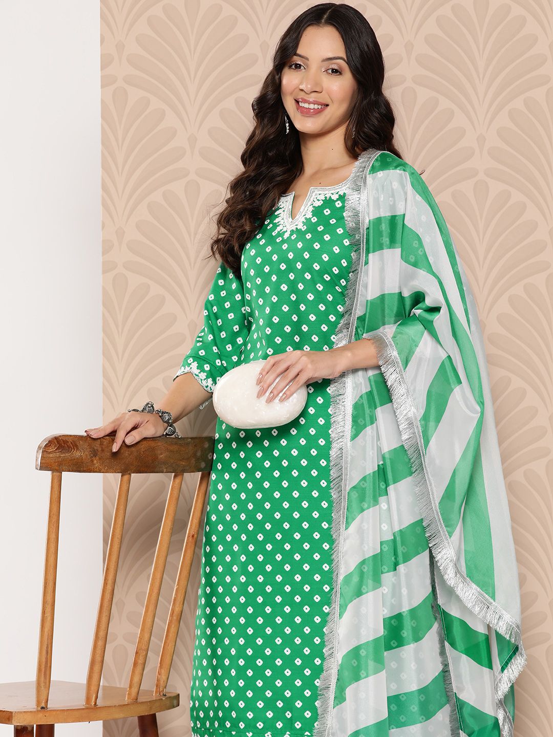 Dhiyona VA Women'sBandhani Printed Sequinned Kurta with Palazzos & Dupatta