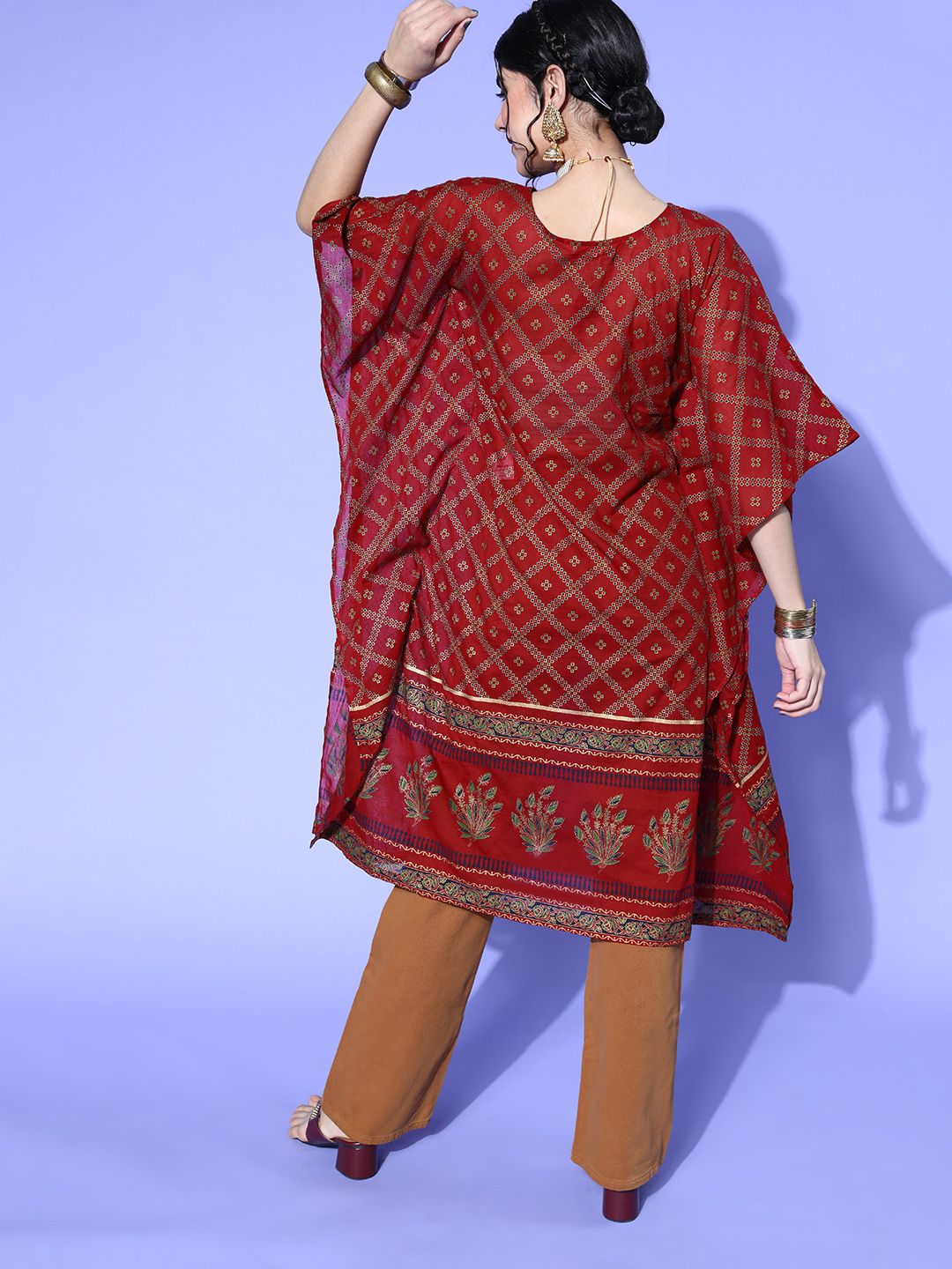 Dhiyona IE Women Maroon & Navy Blue Cotton Geometric Printed Extended Sleeves Kaftan Kurta
