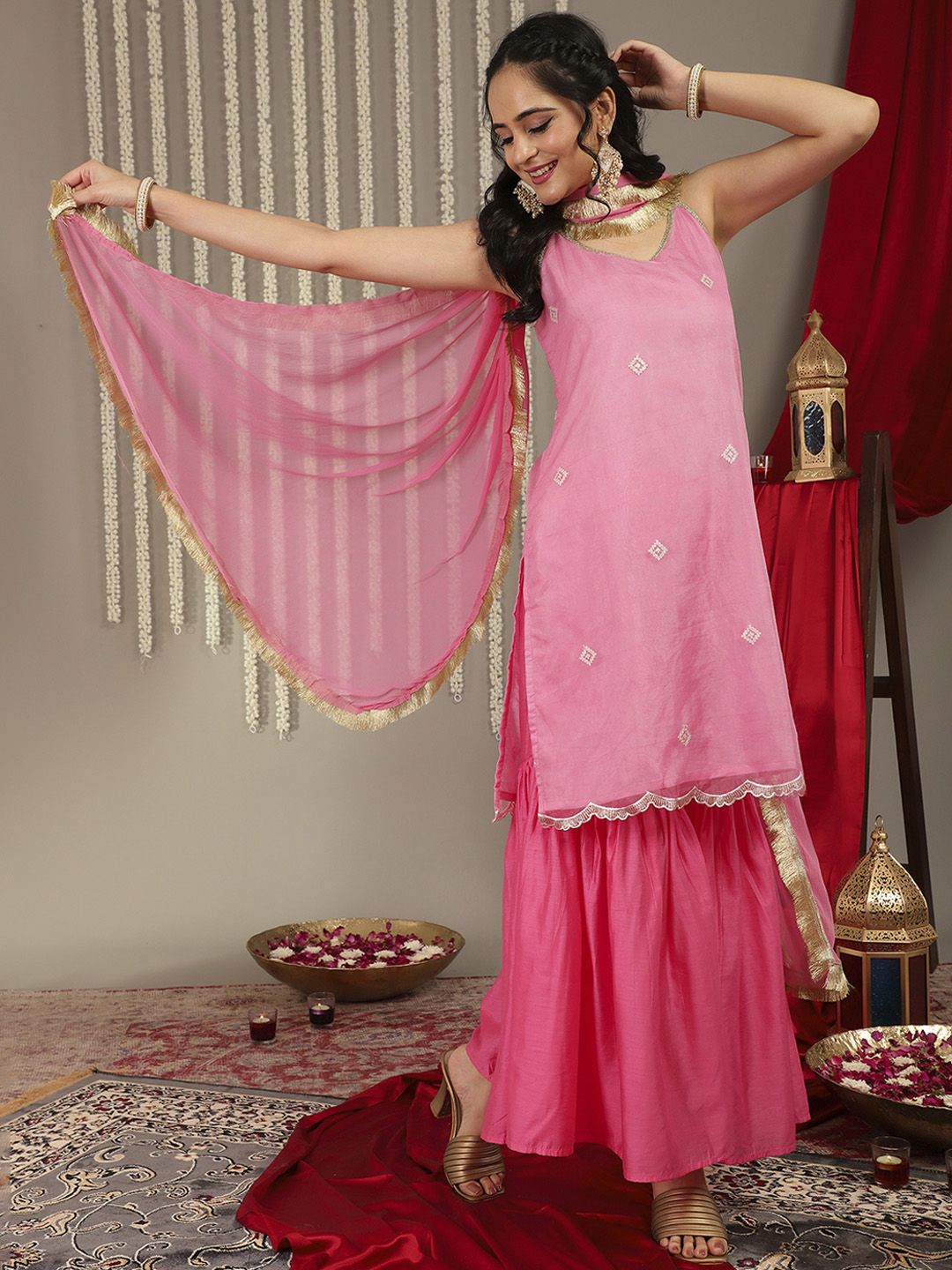 Dhiyona VA Women's Pink Embroidered Sequinned Kurta with Sharara & Dupatta