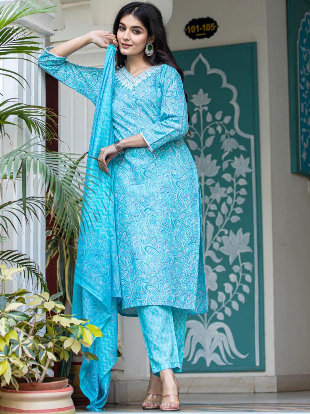 Dhiyona VA Women'sPaisley Printed Regular Mirror Work Kurta with Trouser & Dupatta