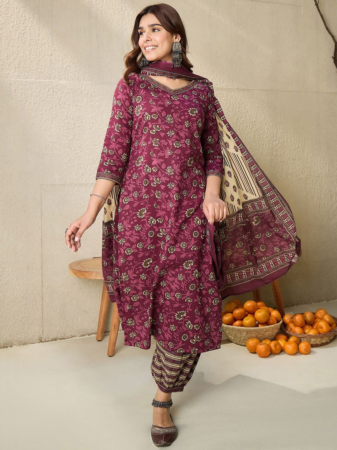 Floral Printed V Neck Pure Cotton Kurta With Salwar & Dupatta