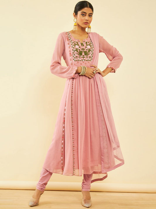 Dhiyona SO Women's Floral Embroidered Beads and Stones Georgette Kurta with Churidar & Dupatta