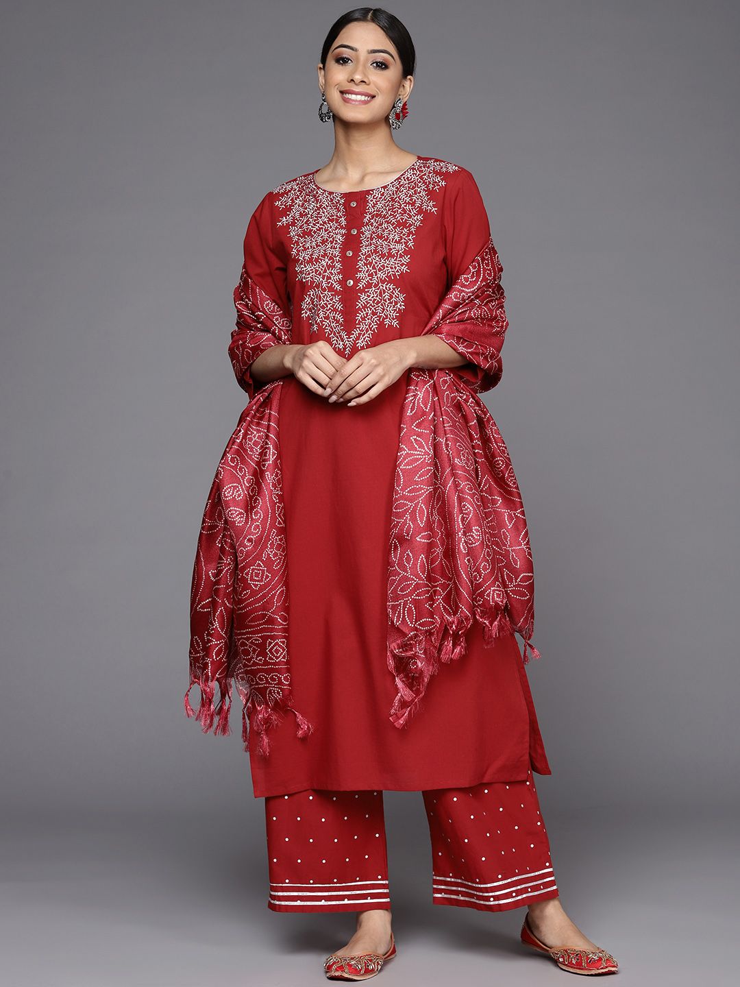 Dhiyona VA Women's Rust Ethnic Motifs Yoke Design Kurta with Palazzos & With Dupatta