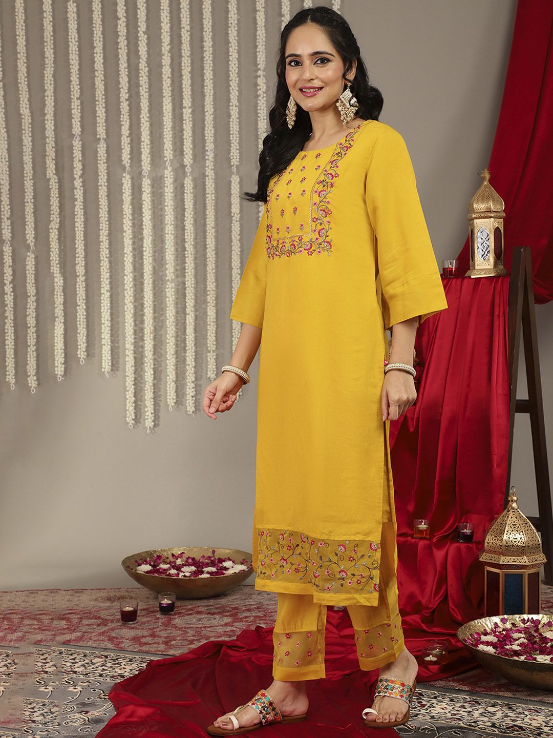 Dhiyona VA Women's Floral Yoke Design Kurta with Trousers & Dupatta