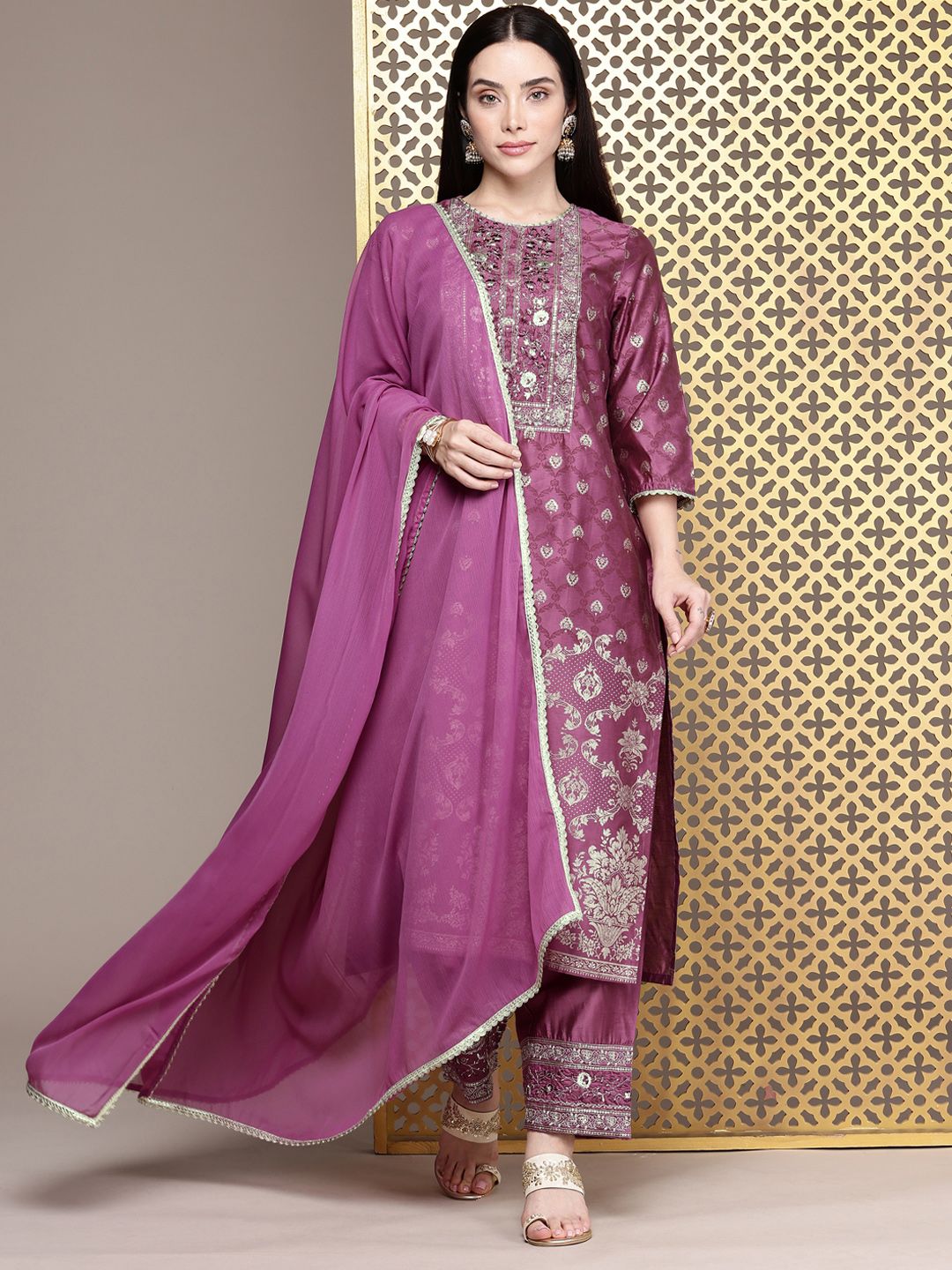 Dhiyona PD Women Floral Embroidered Sequinned Jashn Kurta with Palazzos & With Dupatta