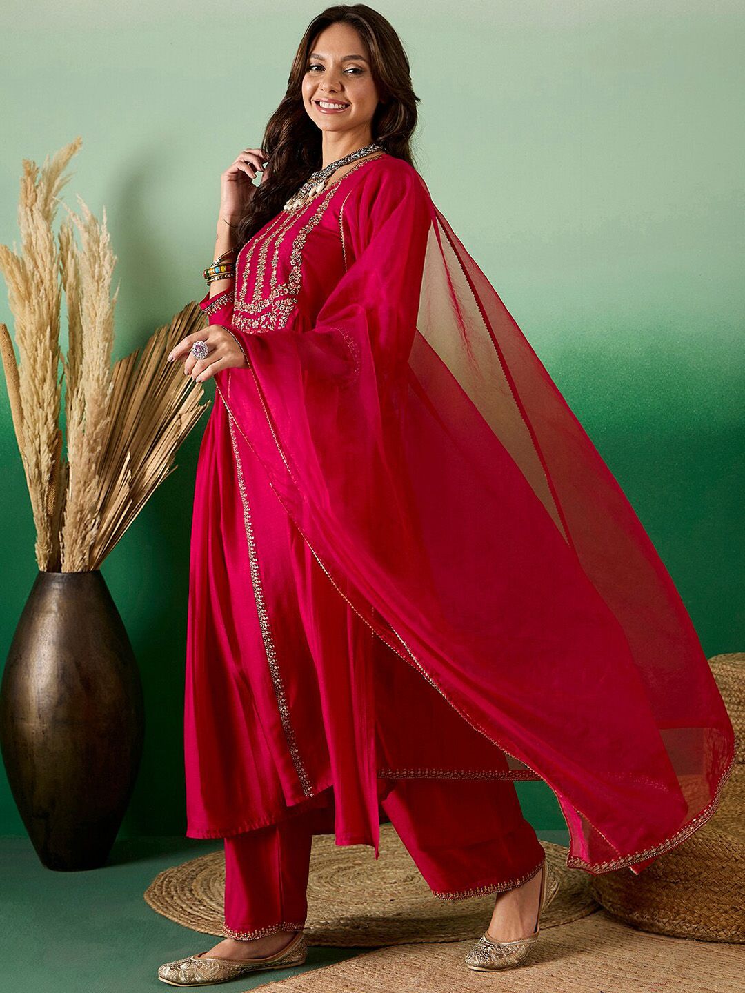 Dhiyona SN Women's Red Ethnic Embroidered Zari Sequined Pleated Straight Kurta With Trouser & Dupatta