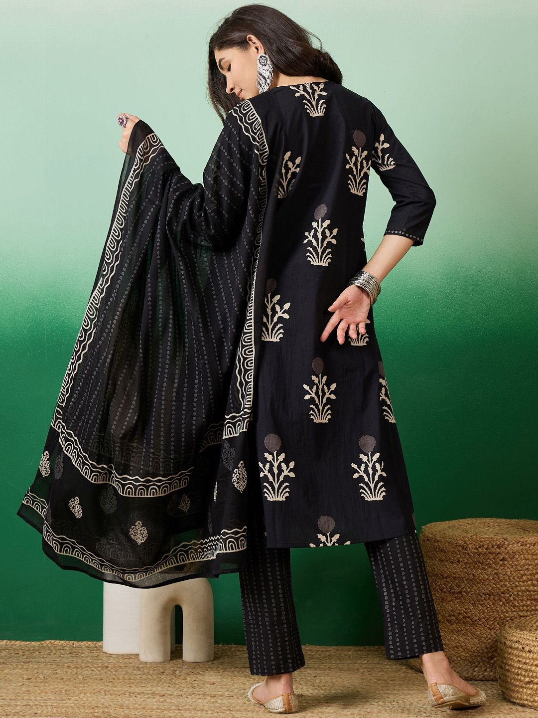 Dhiyona SN Women's Notch Neck Printed Pure Cotton Kurta With Trousers & Dupatta