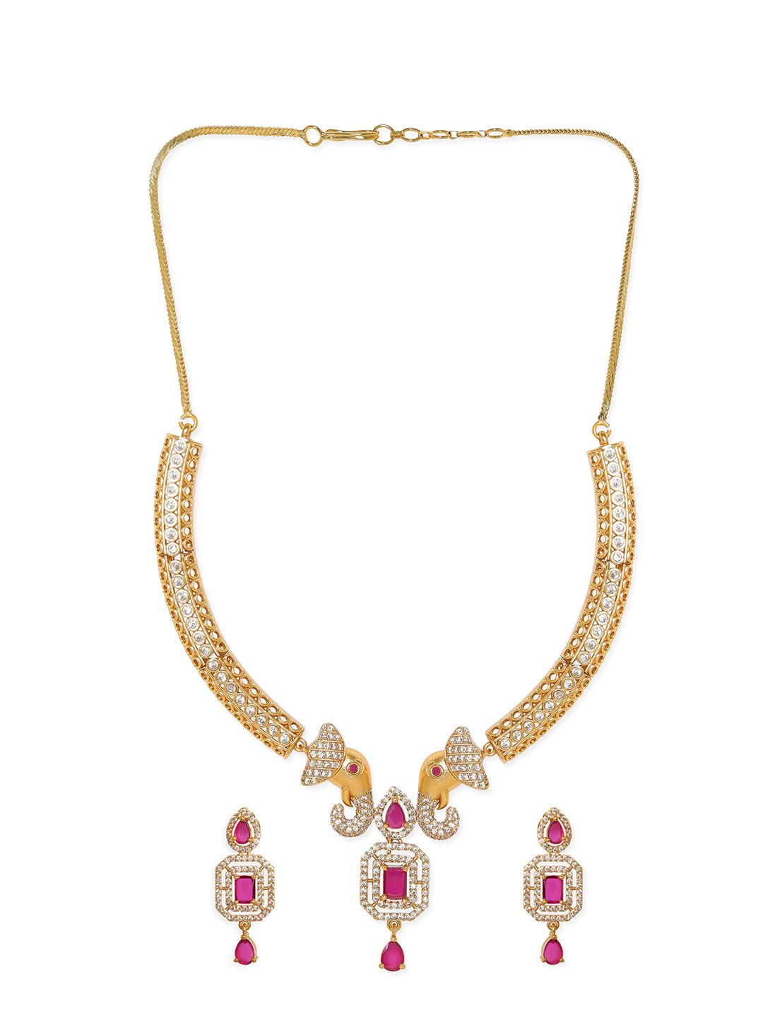 Dhiyona RJ Women's Premium 22K Gold Plated Ruby Pink & CZ Studded Elephant Design Choker Jewellery Set