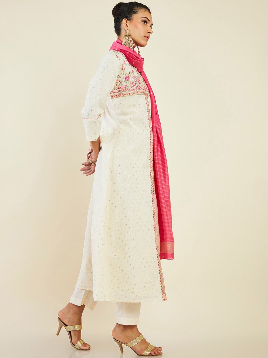 Dhiyona SO Women's Alina Cut Floral Embroidered Front Slit A-Line Pure Cotton Kurta with Trousers & Dupatta
