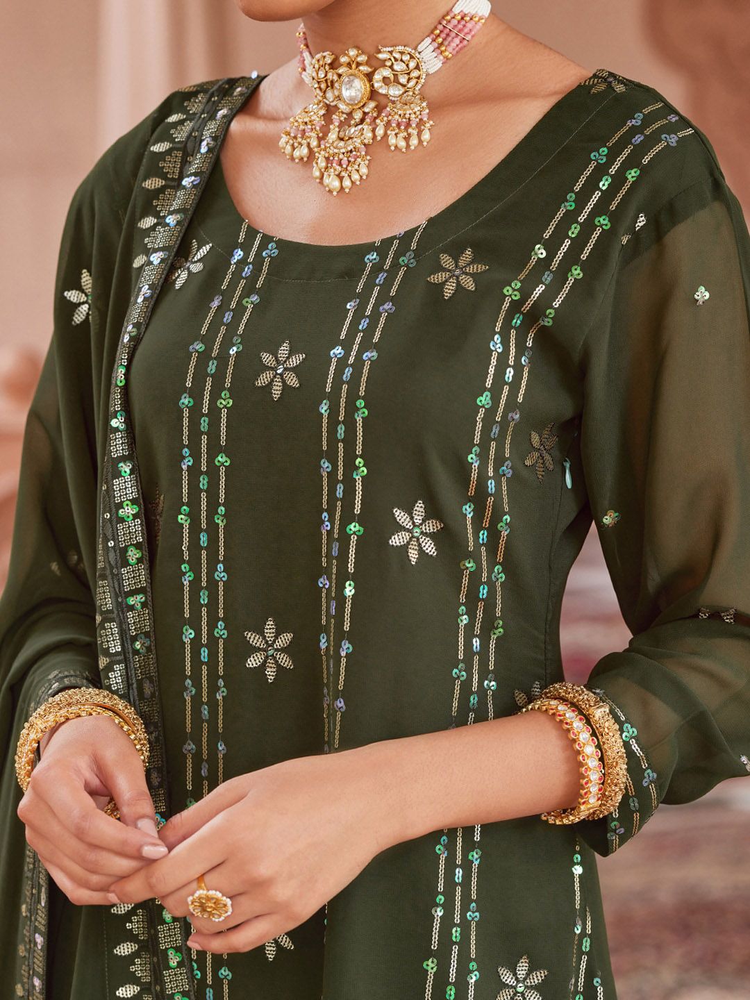 Dhiyona WP Ethnic Motifs Embroidered Regular Sequinned Kurta with Trousers & Dupatta