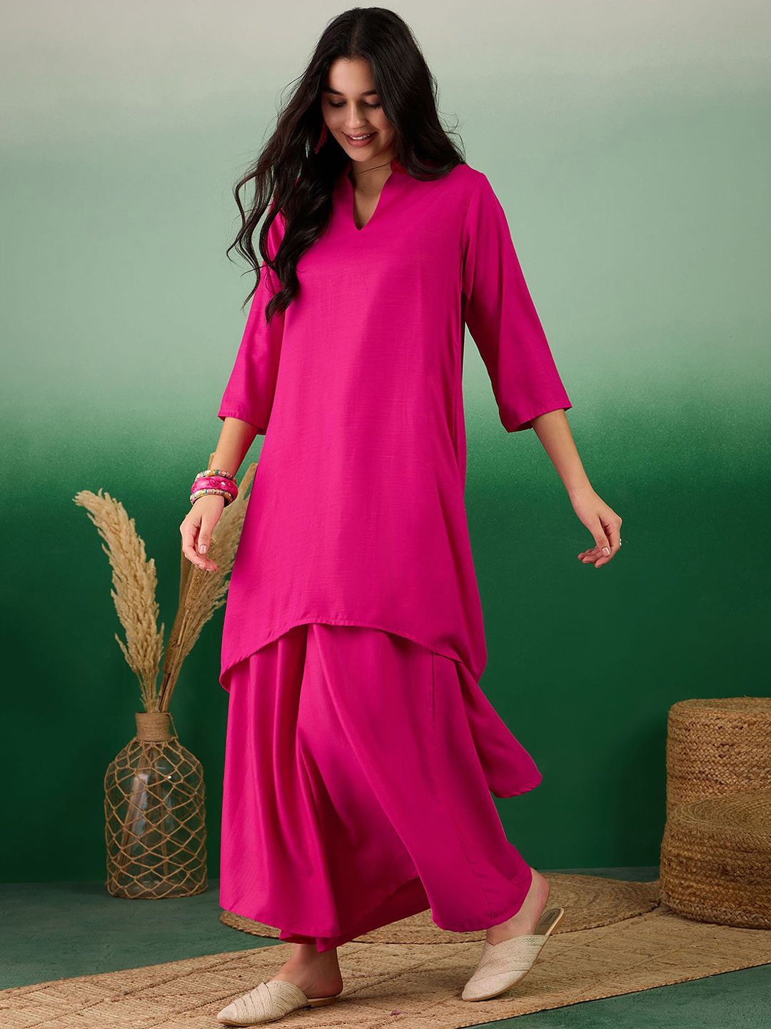 Dhiyona SN Women's Mandarin Collar A-Line Kurta With Palazzo