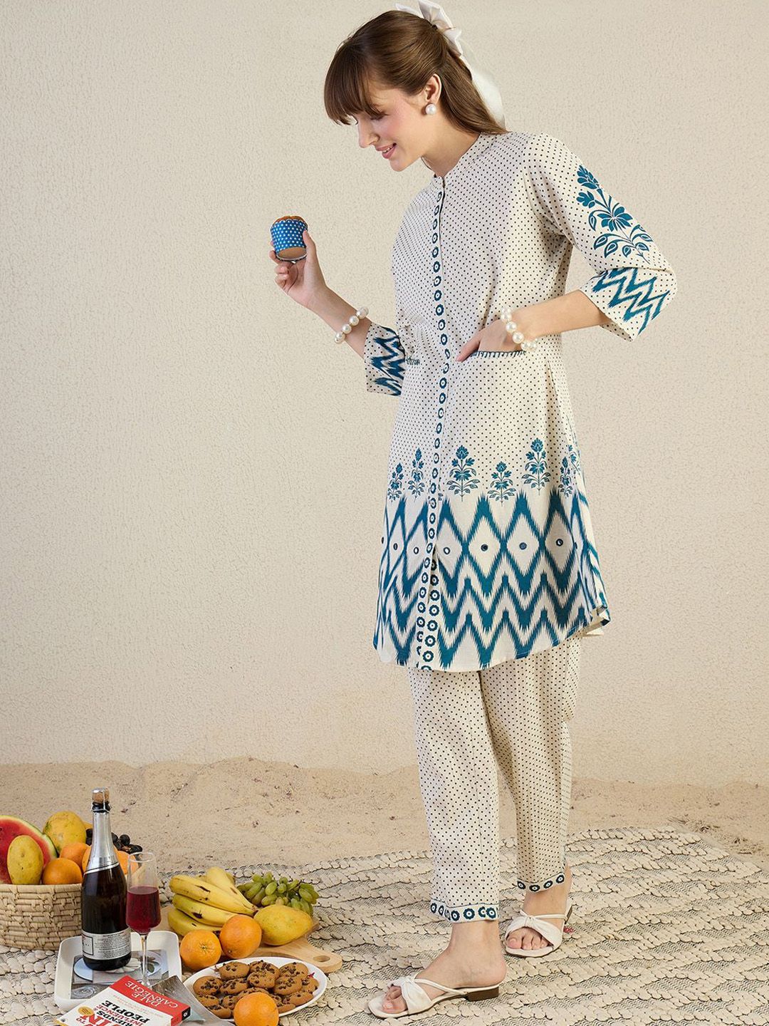 Dhiyona IE Printed Mandarin Collar A-Line Top with Trousers Co-Ords