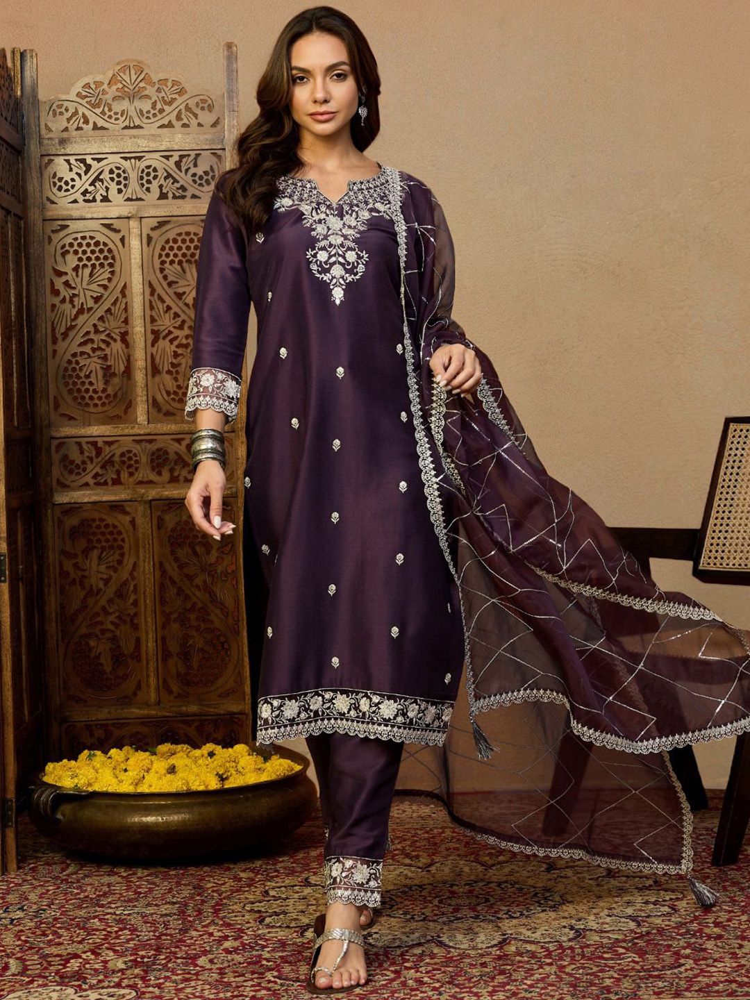 Dhiyona PD Women Women Embroidered Straight Kurta & Trousers With Dupatta Kurta Sets