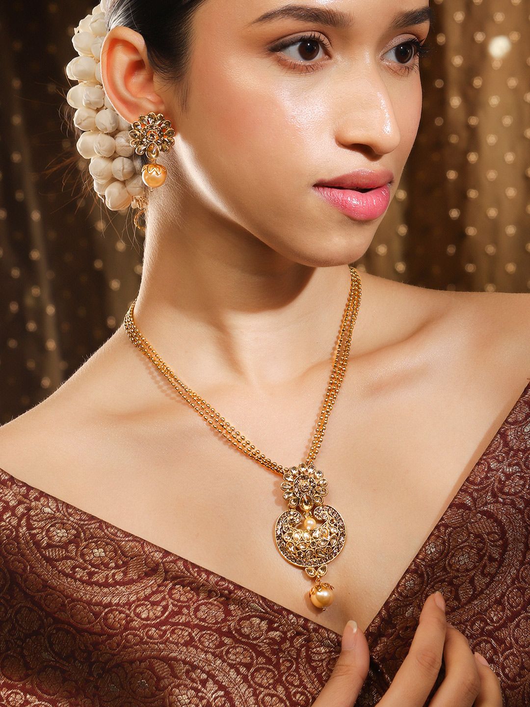 Dhiyona RJ Women's 22K Gold-Plated Kundan Studded Necklace Set with Pearl Drops and Multi-Strand Chain