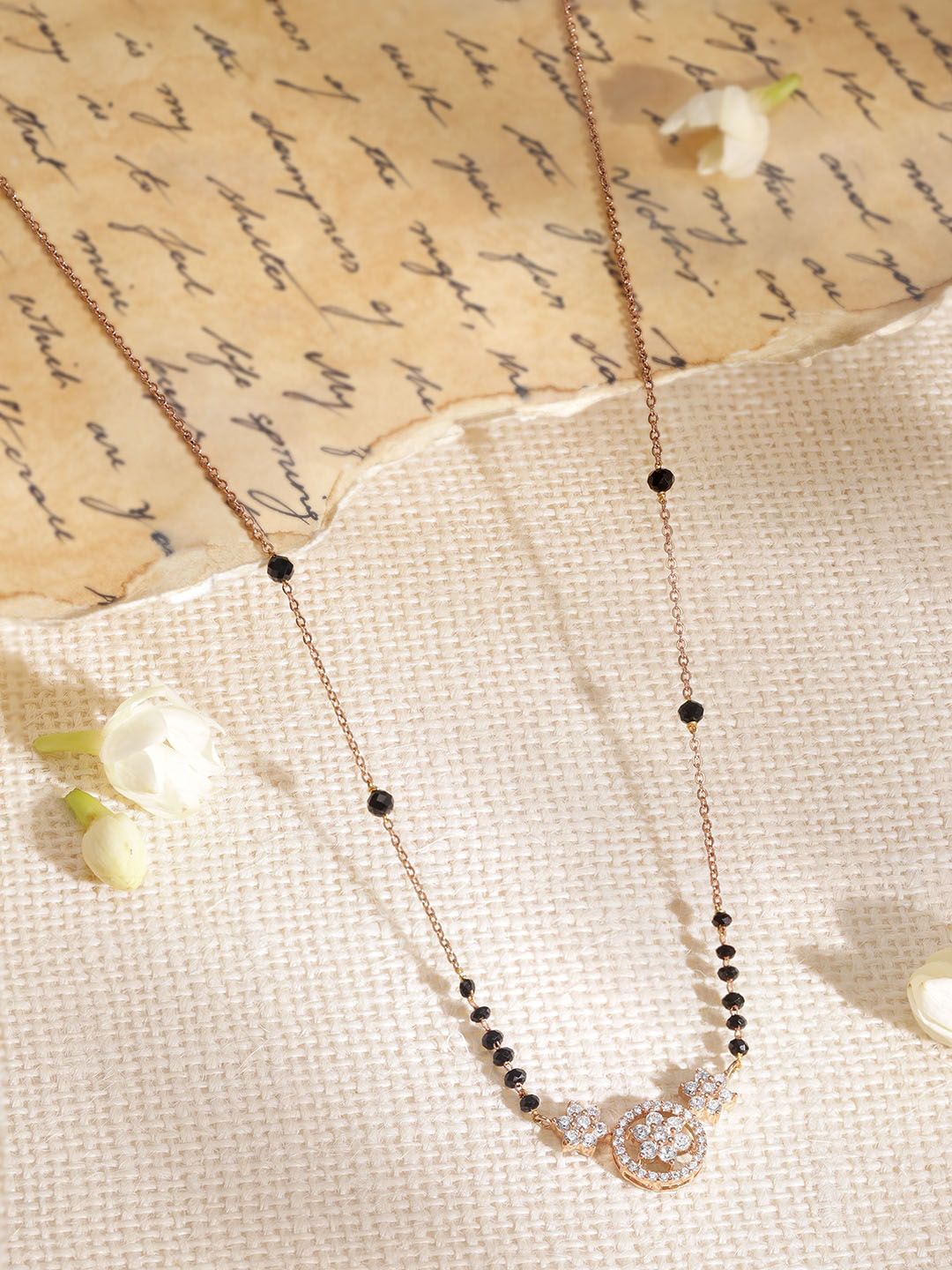 Dhiyona RJ Women's 18k Rose Gold Plated Cubic Zicronia Studded with Black Beads Mangalsutra