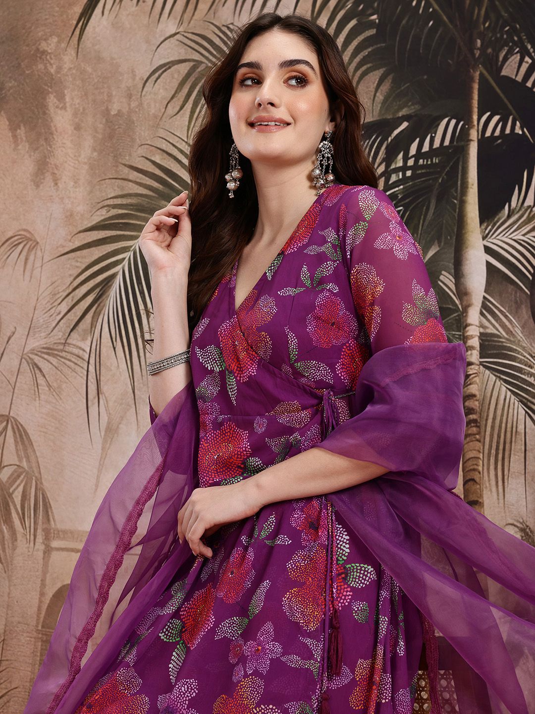 Dhiyona SN Women's Floral Print Angrakha Kurta with Trousers & Dupatta